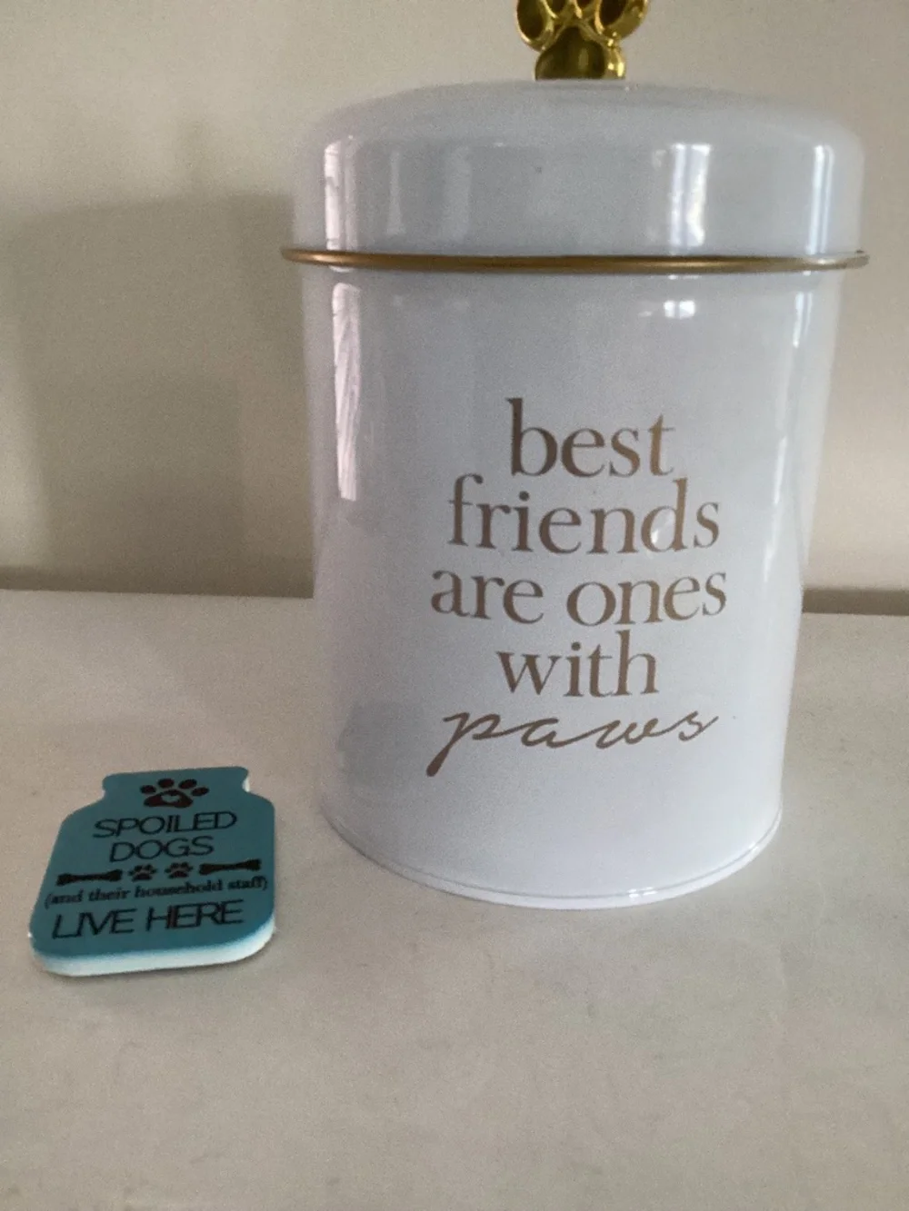 White Best Friends With Paws treat storage can and Spoiled Dogs Magnet